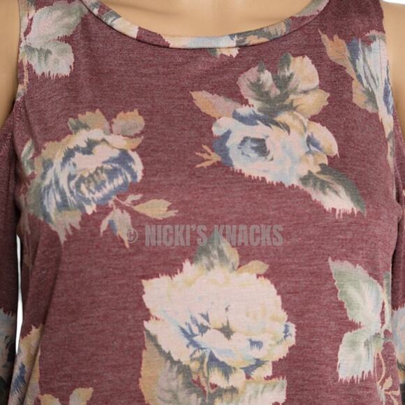 Peach Love Floral Cold Shoulder Top Dusty Rose Boho Romantic Knit Shirt Size S - Picture 4 of 8